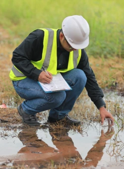 A worker collecting water sample